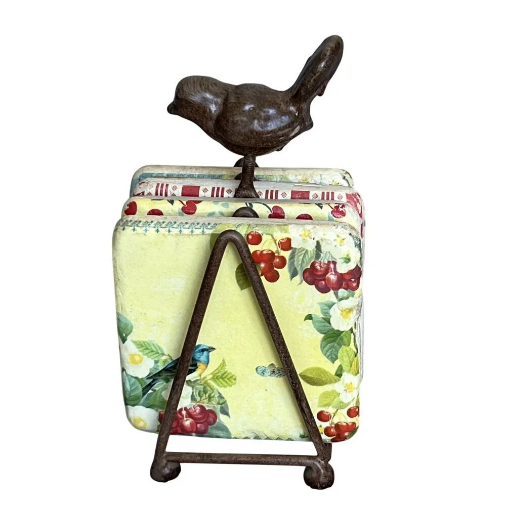 Terri Conrad Vintage Rock Art Set Rustic Metal Stand Butter Yellow Red Artsy